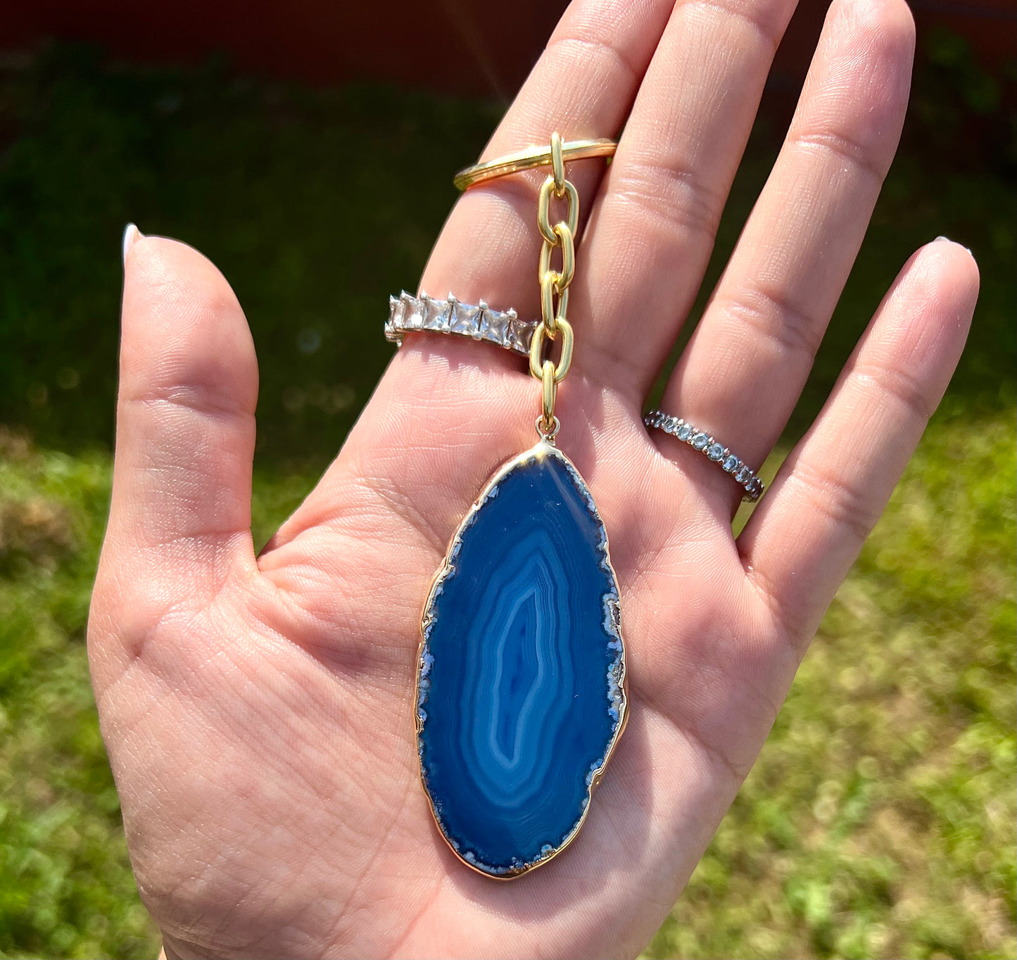 Blaue Achat Scheibe als Schlüsselanhänger