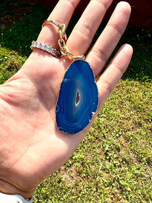 Blaue Achat Scheibe als Schlüsselanhänger
